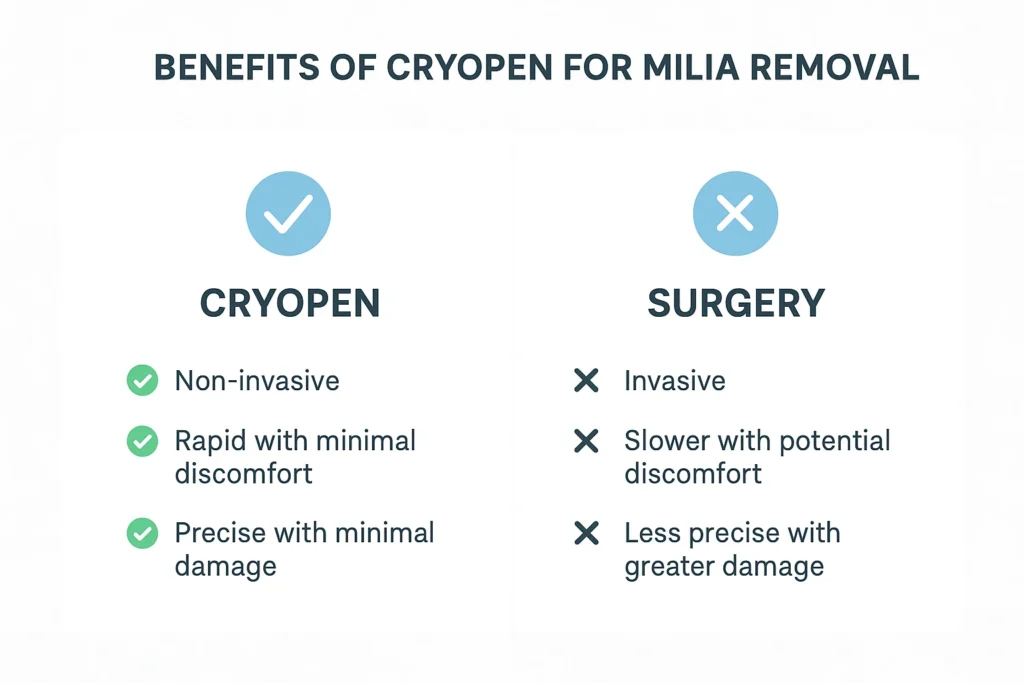 Benefits of cryopen for milia removal Nottingham compared to surgical treatments.