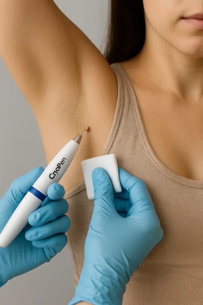 woman having cryopen to remove underarm skin tags Nottingham