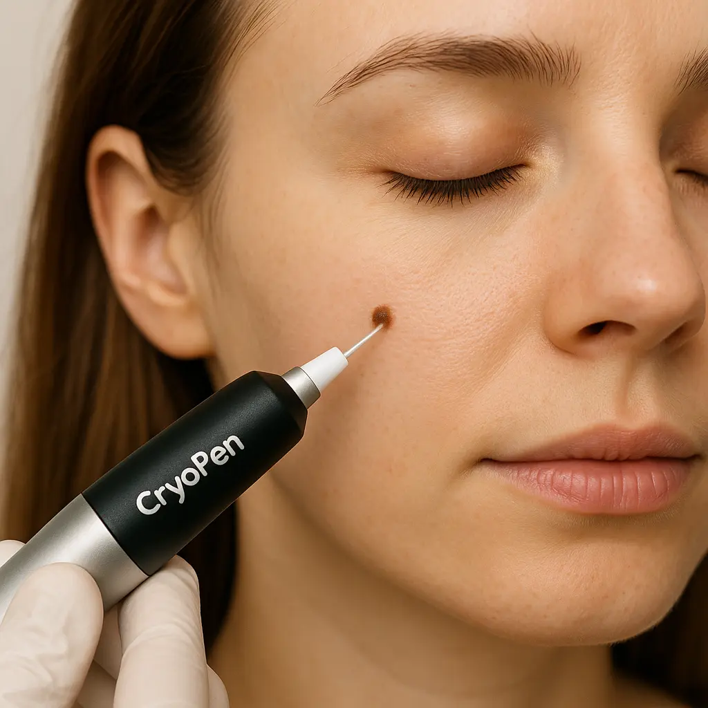 woman receiving facial mole removal Nottingham using cryopen