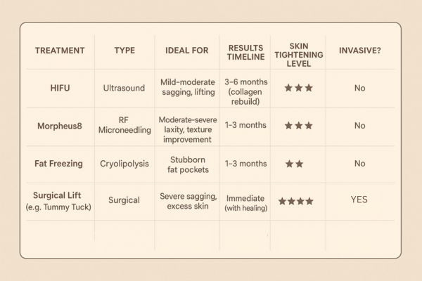 Table showing the comparisons of Skin tightening Nottingham treatment options.